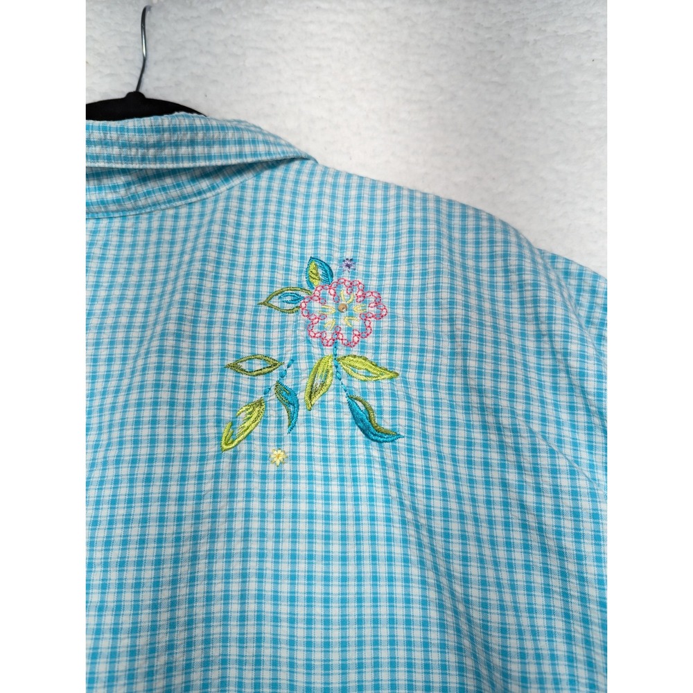 Koret Francisca Womens Turquoise Gingham Embroidered Floral Short Sleeve 28W - Picture 7 of 9